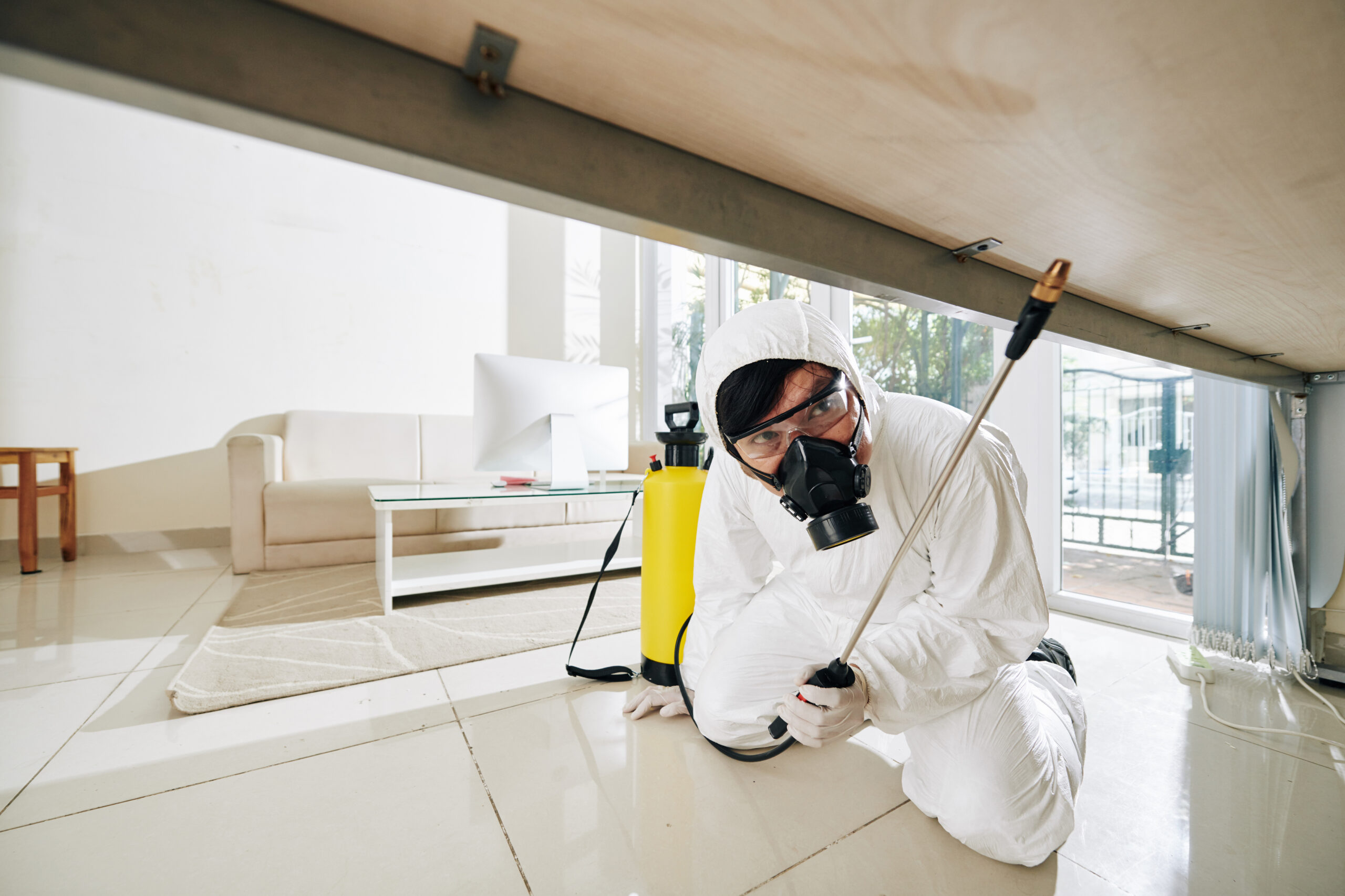 Asian man in white protective suit spraying disinfecting detergent on hardly accessible surfaces in house of client
